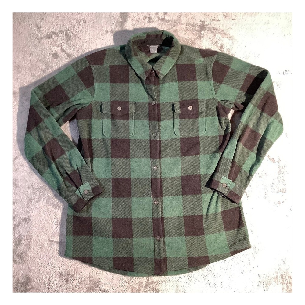 Eddie Bauer Women's S Green Plaid Fleece Button Down Shirt‎ Buffalo Check